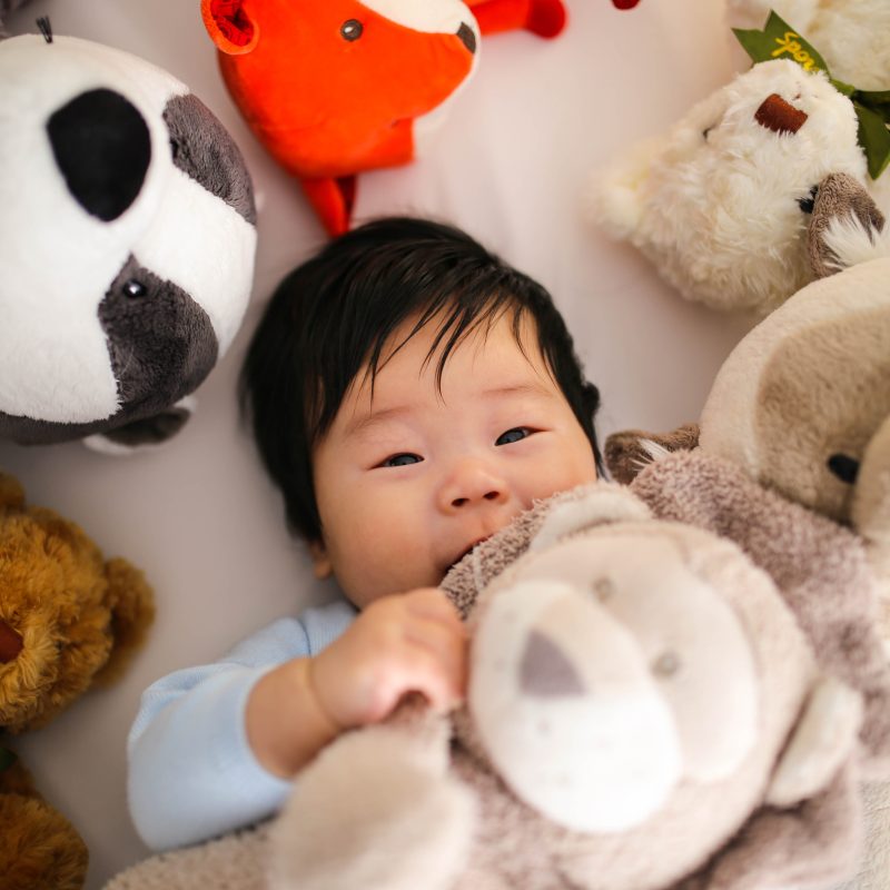 Child with soft toys